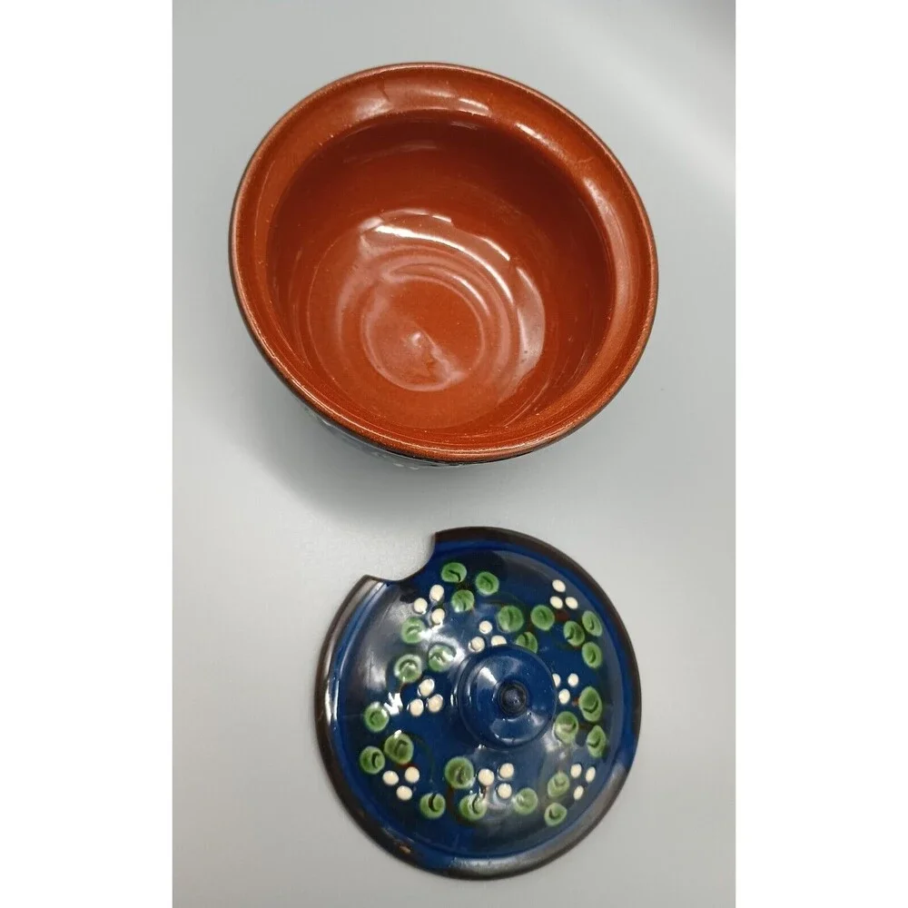 redware folk art pottery Sugar Bowl Jam Jar Hand Painted Blue Green White